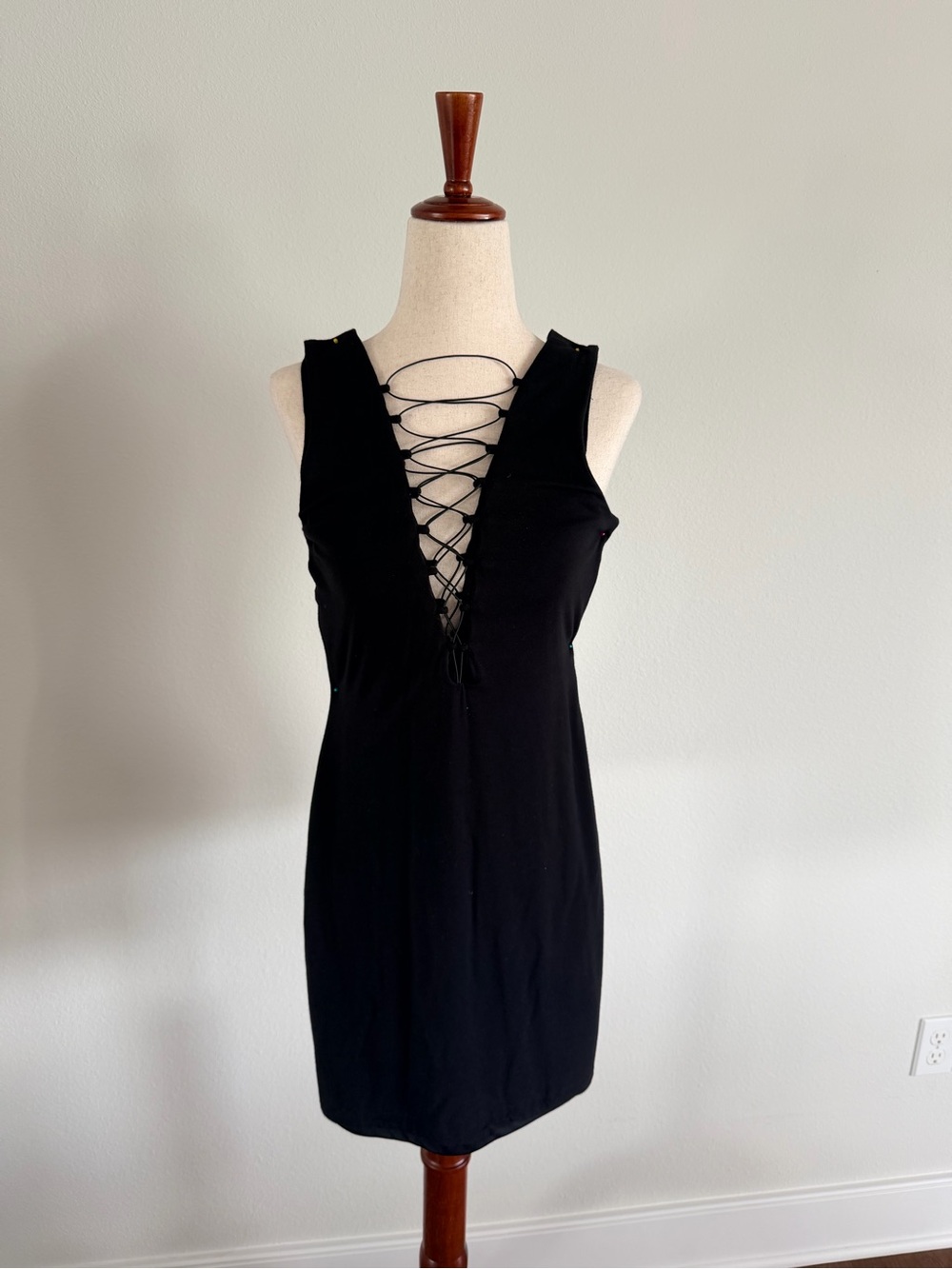 Bardot Black Lace-Up Deep V Mini Dress